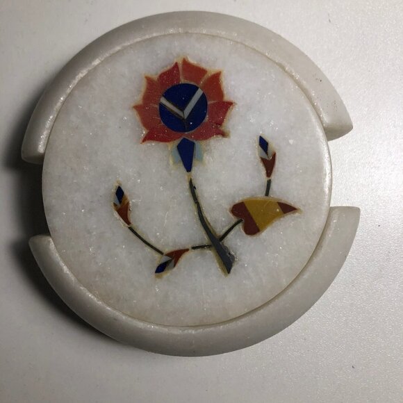 🎄 Natural Marble Mug Glass Coaster Set of 6 Floral Inlay Art #82-3 - Picture 2 of 4